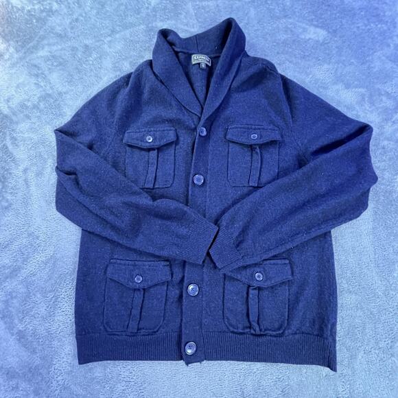 Express Sweater Mens XL (Read) Shawl Collar Merino Wool Cardigan Pockets Navy - Picture 1 of 10